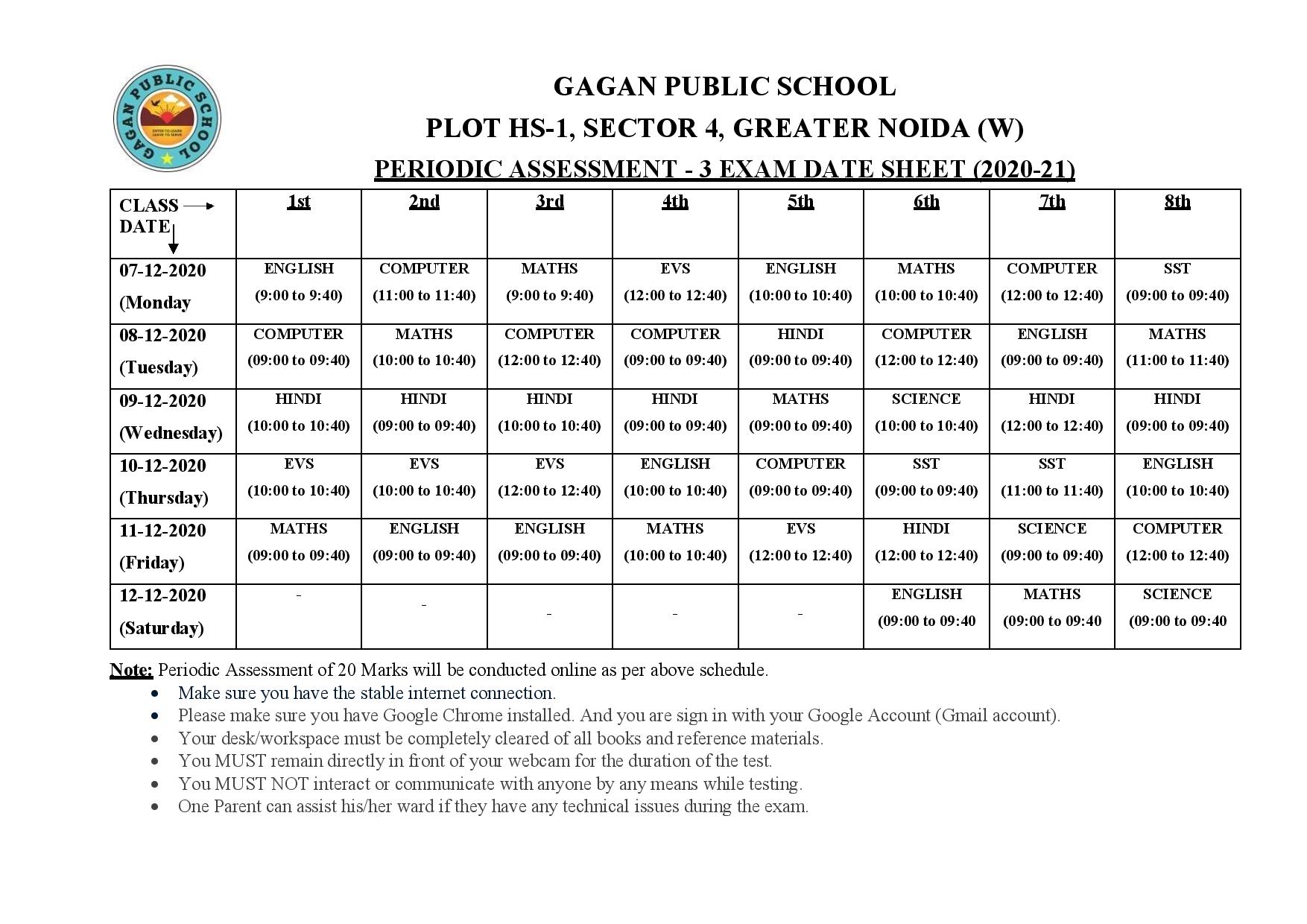 P A 3 From Class 1st To 12th Date Sheet Gagan Public School